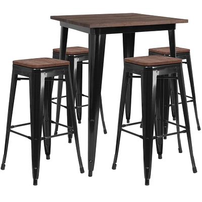 Merrick Lane 5 Piece Bar Table and Stools Set with 31.5" Square Metal Table with Wood Top and 4 Matching Bar Stools