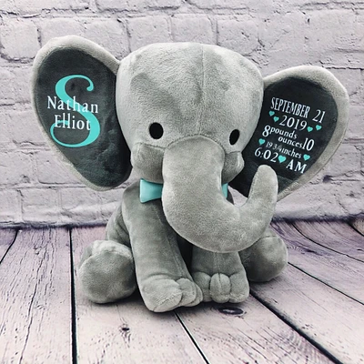 Baby birth announcement elephant plush stuffed animal details stats baby gift newborn gift, keepsake, new mom, baby shower