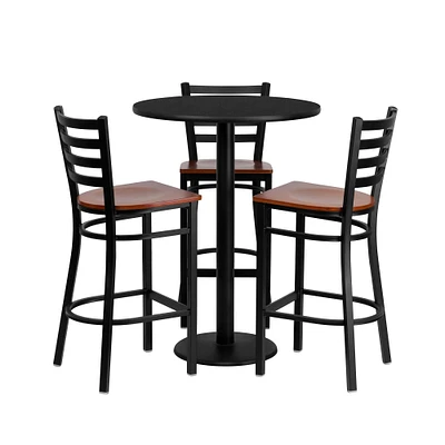 Emma and Oliver 30'' Round Laminate Table Set with 3 Ladder Back Metal Barstools