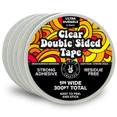 5PK Clear Double Sided Tape for Crafts 1/2" inch Wide Heavy Duty Adhesive Two Side Strong Sticky Thin Mounting Tape for Poster Carpet Wall Safe Doublesided Stick - 5 Rolls 60FT 300FT Total