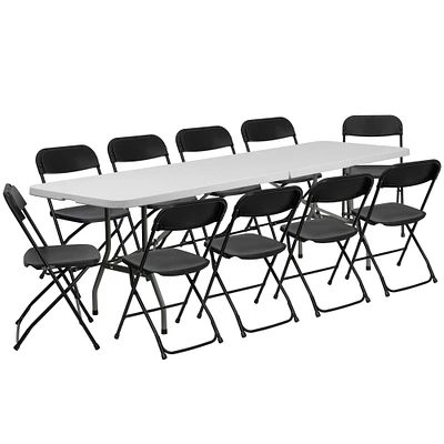 Emma and Oliver 30"W x 96"L Bi-Fold Plastic Event/Training Folding Table Set with 10 Folding Chairs