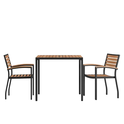 Merrick Lane Hampstead Three Piece Faux Teak Patio Dining Set for Indoor and Outdoor Use - Table and Two Club Chairs