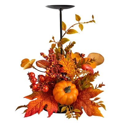 Nearly Natural 12” Artificial Maple Leave, Berries, and Pumpkin Fall Harvest Candle Holder