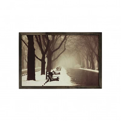 Ambesonne Tree Framed Wall Art, Old Winter Alley by the Trees in European Town Foggy Day Photo Vintage Faded Effects, Fabric Poster with Carbonized Tone Wood Frame Home Decor, 35" x 23", Brown Beige