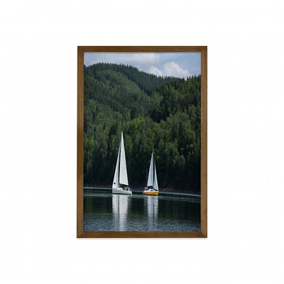 Ambesonne Sailboat Framed Wall Art, Sailboats on a Lake Forest Hill Yachting Countryside Coastline Nature Scenics, Fabric Decor with Teak Tone Wood Frame Home & Dorm Decor, 23" x 35", Green White