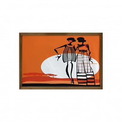 Ambesonne African Framed Wall Art, Desert Sunset Scenery Women with Trees Picture, Fabric Decor with Teak Tone Wood Frame Home & Dorm Decor, 35" x 23", White Orange Black