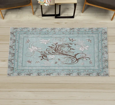 Ambesonne Spring Decorative Rug, Swirling Floral Look Design of Blossoming Flowers and Flying Butterflies, Quality Carpet for Bedroom Dorm and Living Room, Mint Green and Brown