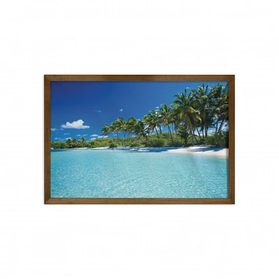 Ambesonne Ocean Framed Wall Art, Relaxing Beach Resort Spa Palm Trees and Sea Exotic Caribbean Coastline, Fabric Decor with Teak Tone Wood Frame Home & Dorm Decor, 35" x 23", Turquoise Blue Green