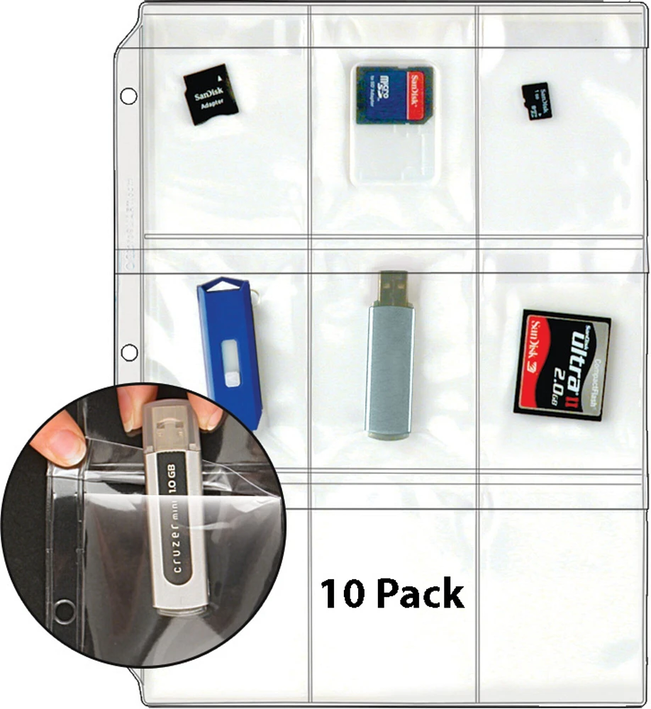 Plastic Pages - Memory (SD) Cards and Flash Drives - Top Load with Flaps - for 3-Ring Binders