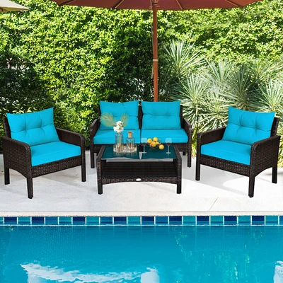 Gymax 4PCS Rattan Patio Furniture Conversation Set Cushioned Outdoor Furniture Set