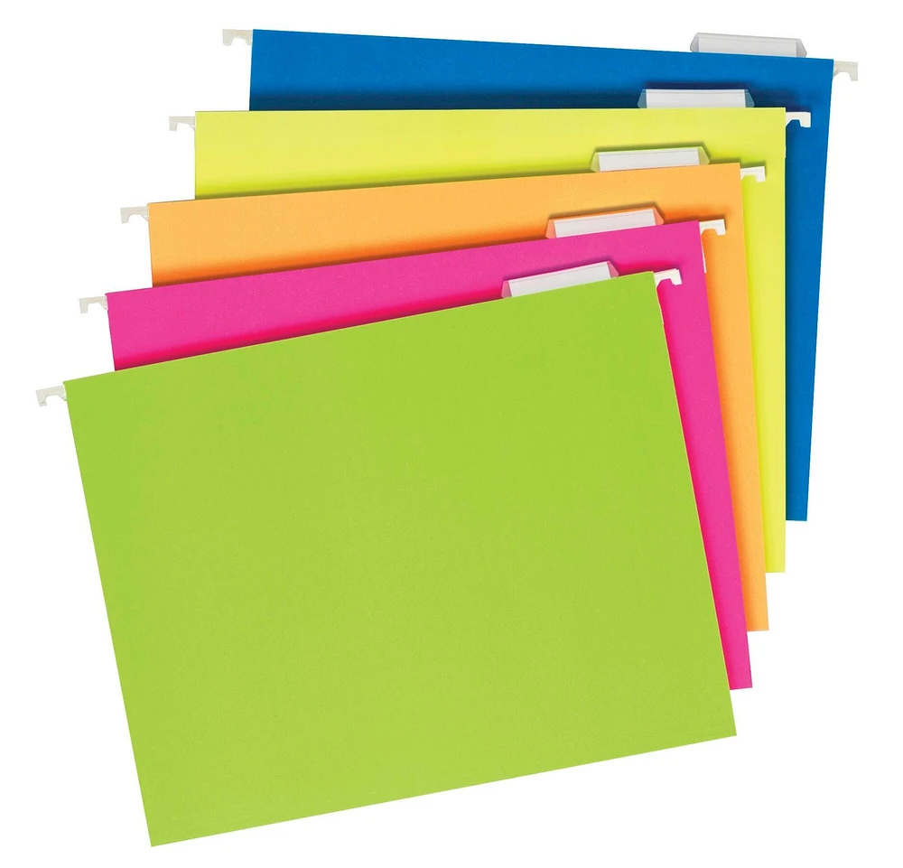 Pendaflex Neon Glow Hanging File Folders, Letter Size, 1/5 Cut Tabs, Assorted Colors, Pack of 25