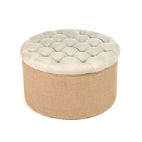 Zentique 26" Beige and Brown Contemporary Round Ottoman