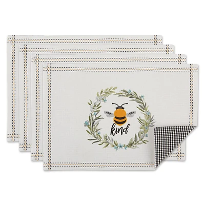 Contemporary Home Living Set of 4 White and Yellow Bee Kind Reversible Embellished Placemat, 9"