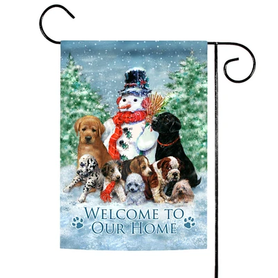 Toland Home Garden White and Green "WELCOME TO OUR HOME" Snowman with Pups Christmas Outdoor Rectangular Mini Garden Flag 18" x 12.5"