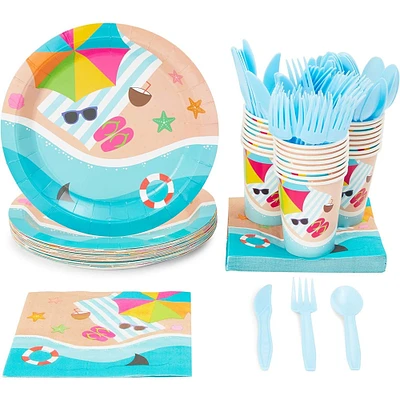 144 Piece Beach Theme Party Supplies, Summer Dinnerware Set with Plates, Napkins, Cups, and Cutlery (Serves 24)