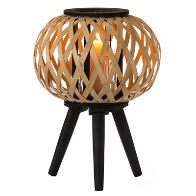 Wickerwise Modern Black, Natural Bamboo Candle Decorative Trellis Design Lantern with Stand