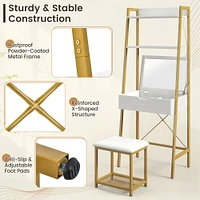 Costway Vanity Table Set Flip Top Mirror Ladder Storage Shelf Cushioned Stool Rustic