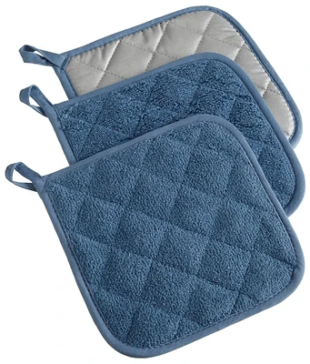 Contemporary Home Living Set of 3 Blue and Silver Colored Cloth Square Potholders 7"