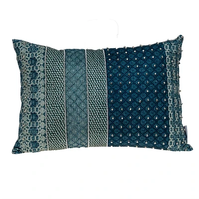 Nassau Collection 20" Green and Blue Embroidered Rectangular Throw Pillow