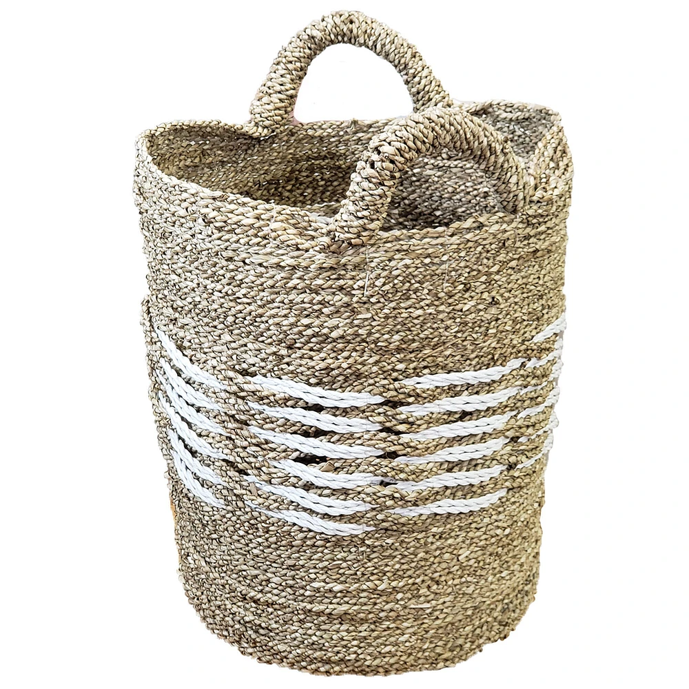 Stoneage Arts Inc 17" Gray, White, and Beige Seagrass and Raffia Basket Handcrafted with Genuine Human Touch