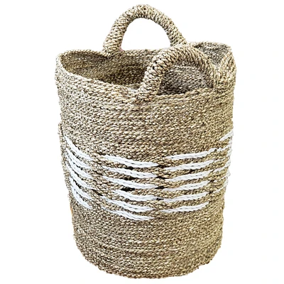 Stoneage Arts Inc 17" Gray, White, and Beige Seagrass and Raffia Basket Handcrafted with Genuine Human Touch