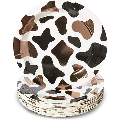 48 Pack Cow Print Paper Plates for Barnyard Birthday Party Supplies, Farm Animal Baby Shower (Brown Foil Print, 9 Inch)