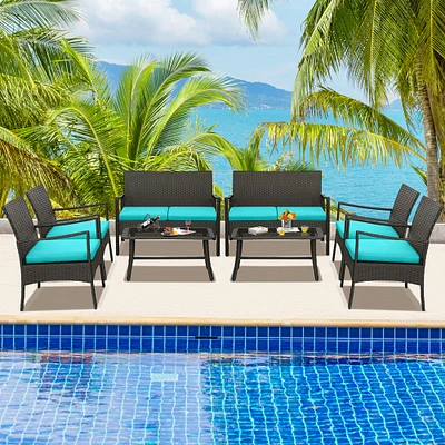 Gymax 8PCS Patio Rattan PE Wicker Furniture Conversation Set w/ Sofa Chair and Table