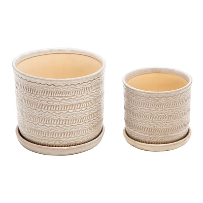 Kingston Living Set of 2 Ivory and Beige Tribal Ceramic Planter with Saucer 8"