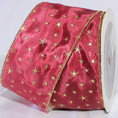 The Ribbon People Burgundy Red and Gold Plump Stars Christmas Wired Craft Ribbon 2.5" x 27 Yards