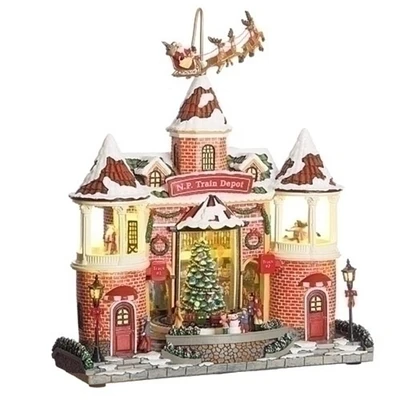 Roman 14.25" LED Lighted and Musical Train Depot Christmas Village Building