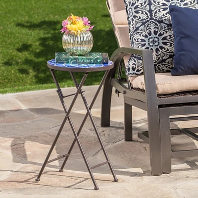 GDFStudio Arwen Outdoor Blue and White Glass Side Table with Iron Frame