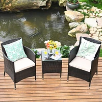 Gymax   3PCS Patio Outdoor Rattan Furniture Set Cushioned Chairs Coffee Table