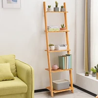 Costway 5-Tier Ladder Shelf Modern Bamboo Leaning Bookshelf Ladder Bookcase Open Display