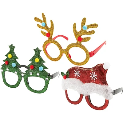 3-Pack Christmas Glasses - Novelty Party Eyeglasses, Xmas Holiday Accessories, 3 Assorted Designs, Red, Green, and Gold