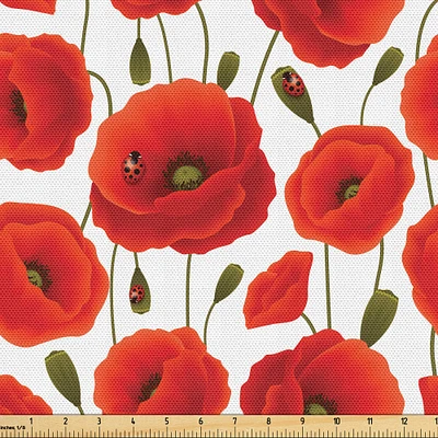 Ambesonne Poppy Flower Fabric by the Yard, Springs Ladybugs Animals and Plants Flora Fauna Nature, Decorative Fabric for Upholstery and Home Accents, 5 Yards, Orange Olive Green White