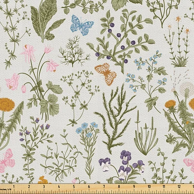 Ambesonne Floral Fabric by the Yard, Vintage Garden Plants Herbs Flowers Botanical Classic Design Art, Decorative Fabric for Upholstery and Home Accents, 1 Yard, Reseda Green Beige