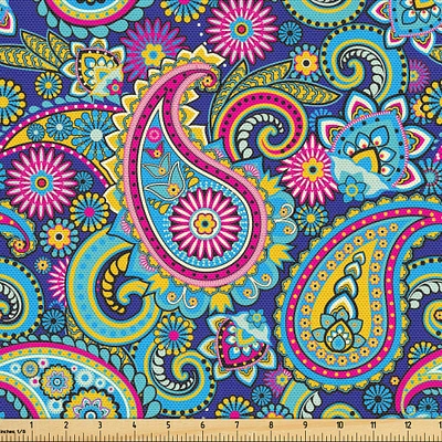 Ambesonne Paisley Fabric by the Yard, Ornate Traditional Teardrop Elements Details in Bohemian Design Print, Decorative Fabric for Upholstery and Home Accents, Yards