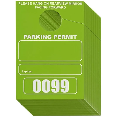 100 Pack Temporary Parking Permit Hang Tags Numbered 0001-0100, Hanging Passes for Car Mirrors, Bulk (Green, 3.15 x 4.75 In)