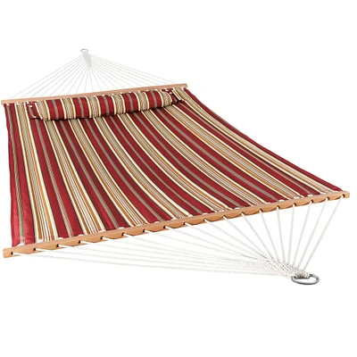Sunnydaze Large Quilted Hammock with Spreader Bar and Pillow - Red Stripe by