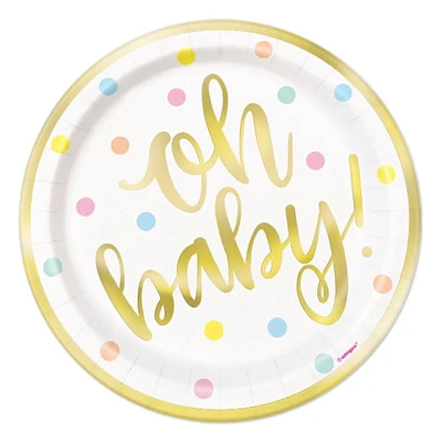 "Oh baby!" Gold Baby Shower Round 7" Dessert Plates, 8ct