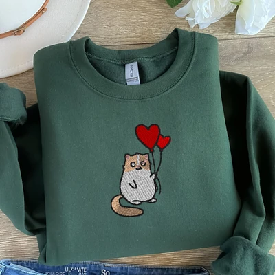 Embroidered Cat with Balloon Sweatshirt Mother's Day Sweater Gift Cute Comfy Pullover Unisex Hoodie Custom Crewneck Animal Lover Present