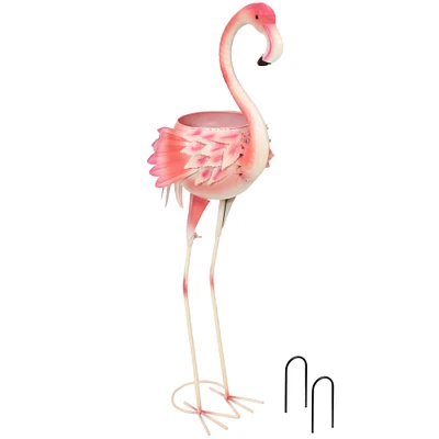 Sunnydaze Iron Sheet Pink Flamingo Outdoor Statue with Flowerpot - 36 in by