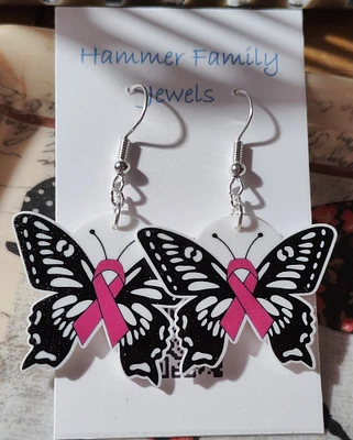 Breast Cancer Ribbon Butterfly Earrings