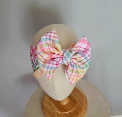 Pastel Check Plaid Knit Hair Bow - Headwrap - Clip - Pigtail Bows - Headband - Peach - Easter - Rainbow - Spring - Birthday - Purple