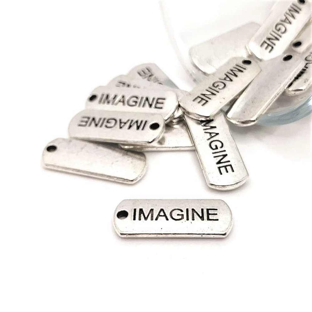 4, 20 or 50 Pieces: Silver Imagine Word Bar Tag Charms