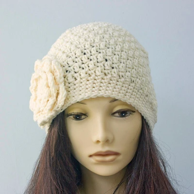 Hand Crocheted Flower Cloche Hat, Woman's Winter Hat