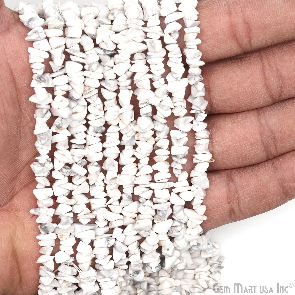 Howlite Chip Beads, 34 Inch, Natural Chip Strands, Drilled Strung Nugget Beads, 3-7mm, Polished, GemMartUSA (CHHW-70001)