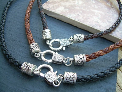 Braided Leather Necklace with Silver Toned Tooled End Caps and Lobster Clasp