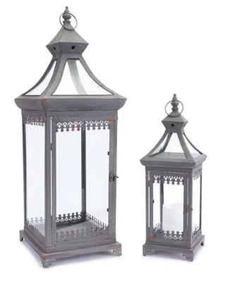 Melrose Set of 2 Brocade Bourgeoisie Weathered Metal and Glass Pillar Candle Holder Lanterns 29"