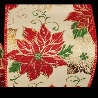 The Ribbon People Red and Gold Poinsettia Print Wired Craft Ribbon 4" x 20 Yards